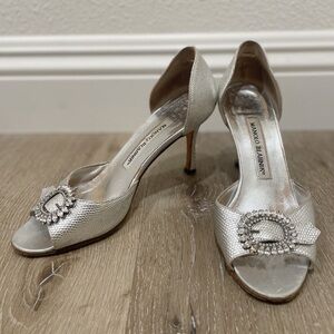 Manolo Blahnik Silver Sedaraby d’Orsay Peep-Toe Pumps Rhinestone EU 35 US 5